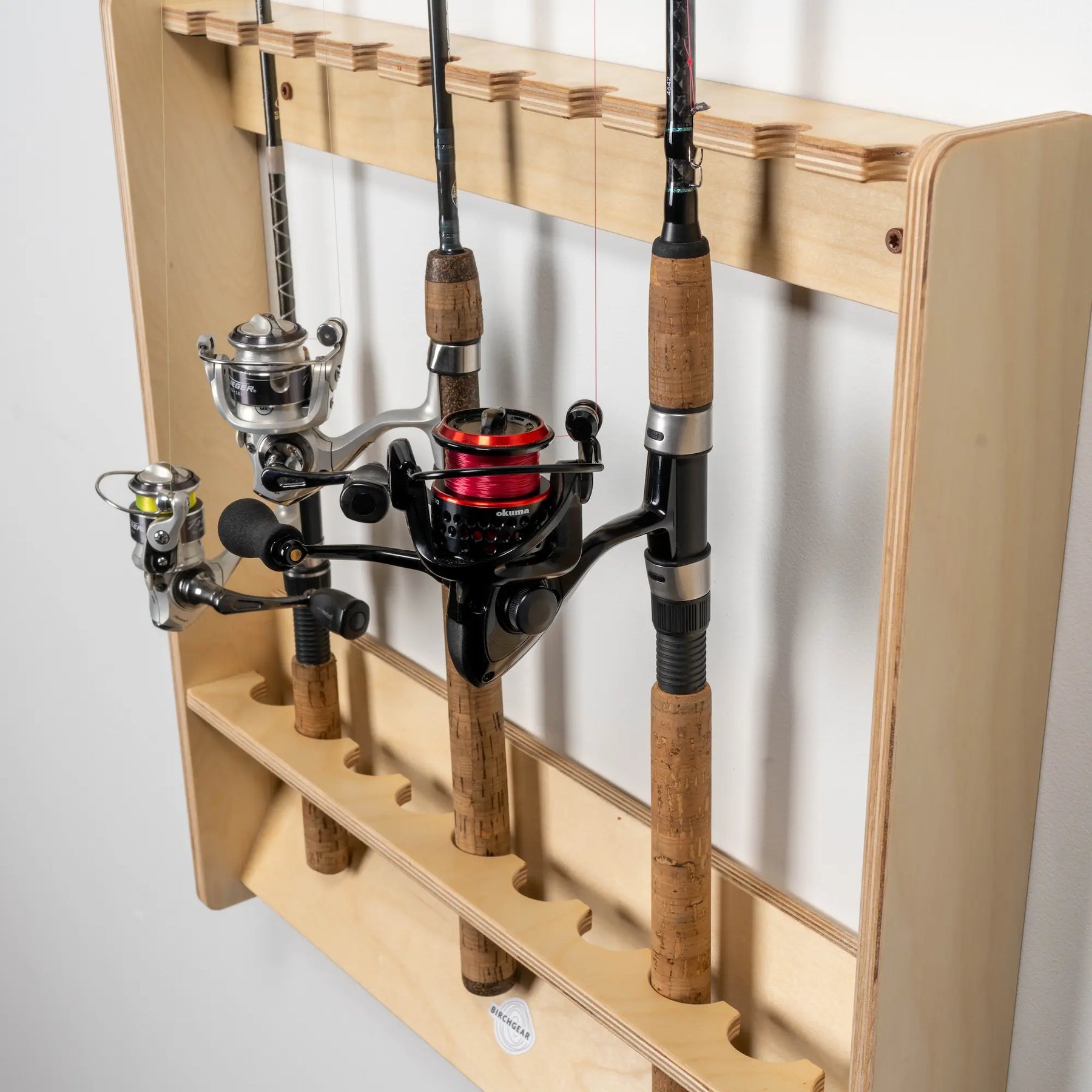 fishing rod storage holder PLUSINNO H5W Horizontal Rod/Pole Holders for Garage, Wall or Ceiling Mounted Rack, Solid Wood Fishing Holds up to 5/10/20 Rods or Combos Fishing Gear, Gifts for Men Fishing Rod Rack BirchGear
